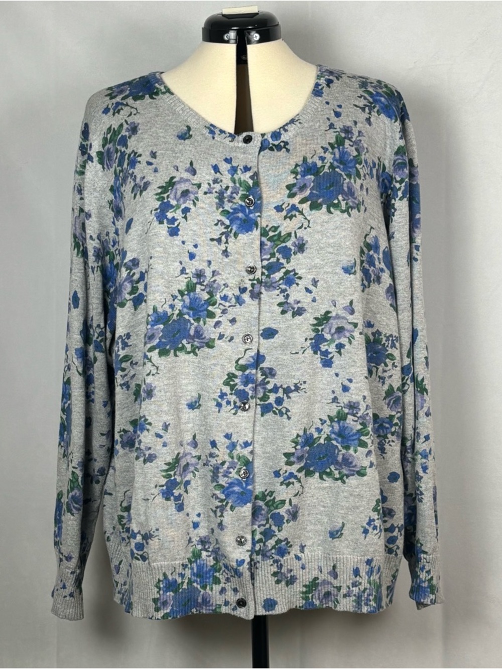 L.L. Bean Gray Cardigan with Blue and Green Floral Print